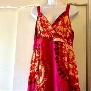 Hot pink and orange maxi dress with elastic back sz L. 100% cotton